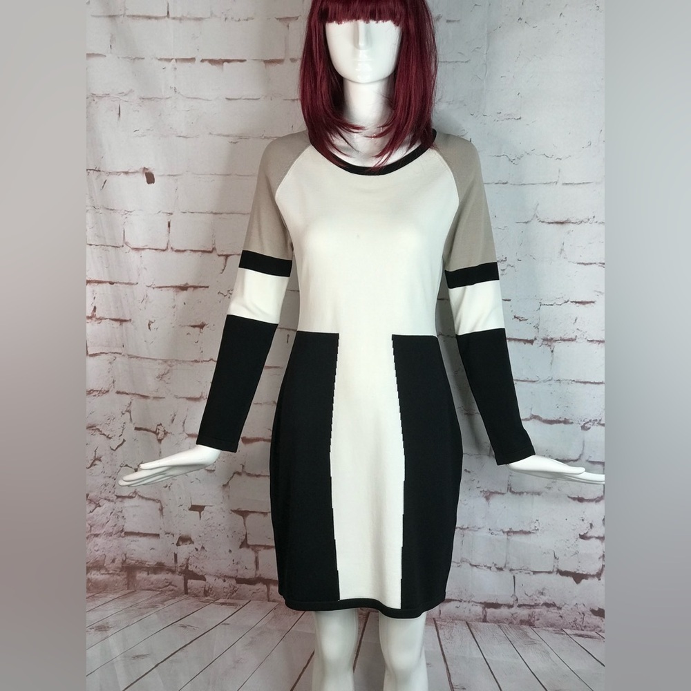 CALVIN KLEIN M Petite Colorblock Knit Long Sleeve Dress Black Taupe Cream MP - Picture 5 of 15